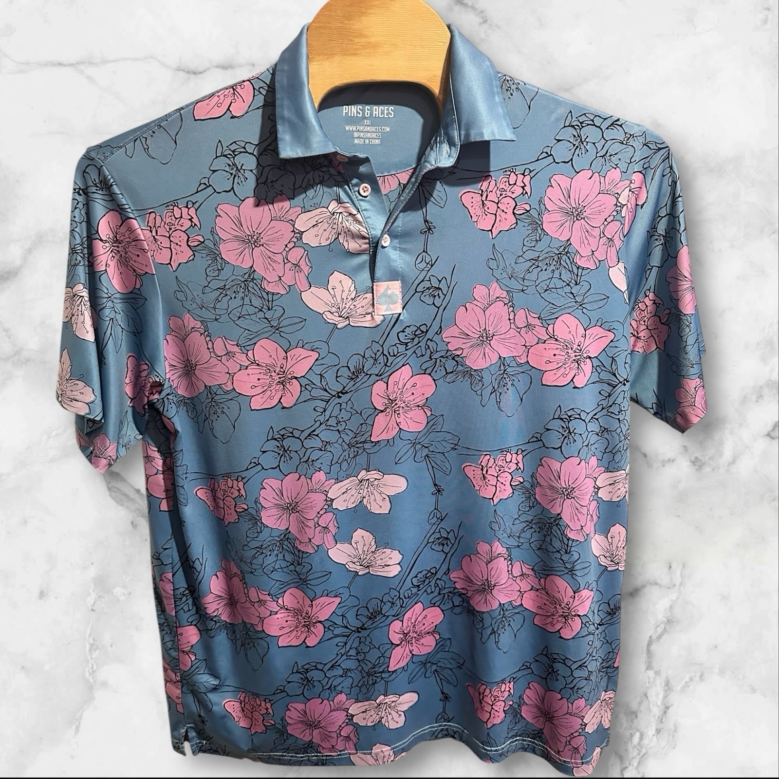 Pins Aces Polo Shirt Mens Xxl Blue Hawaiian Floral Beach Aloha Golf Preppy
